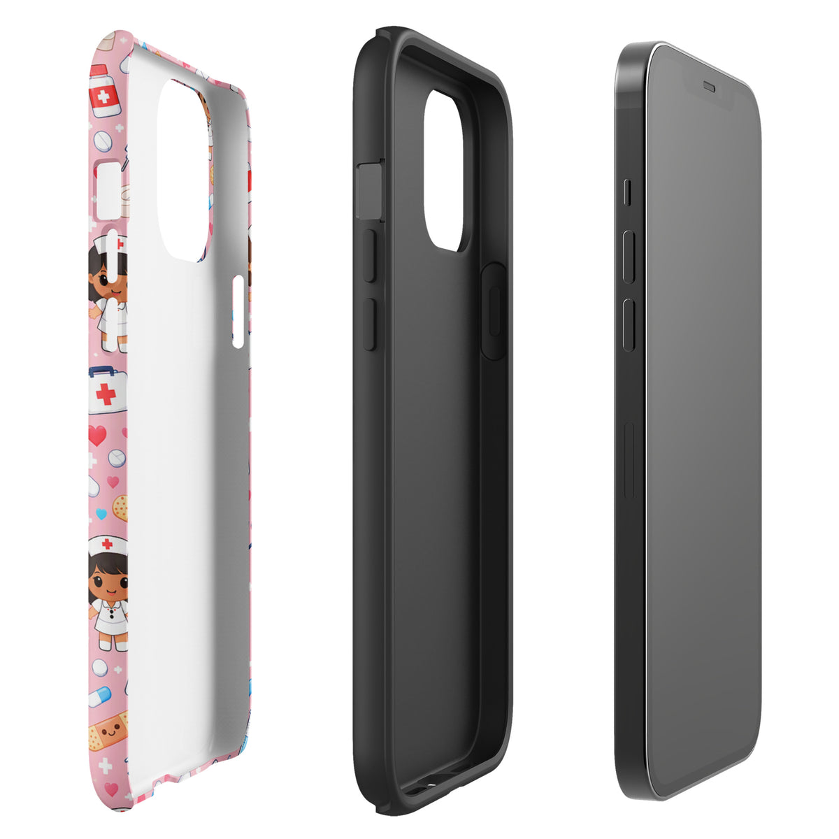Phone Case for iPhone with kawaii nurse medical pattern featuring stethoscopes, syringes, and first aid kits on a pink background.