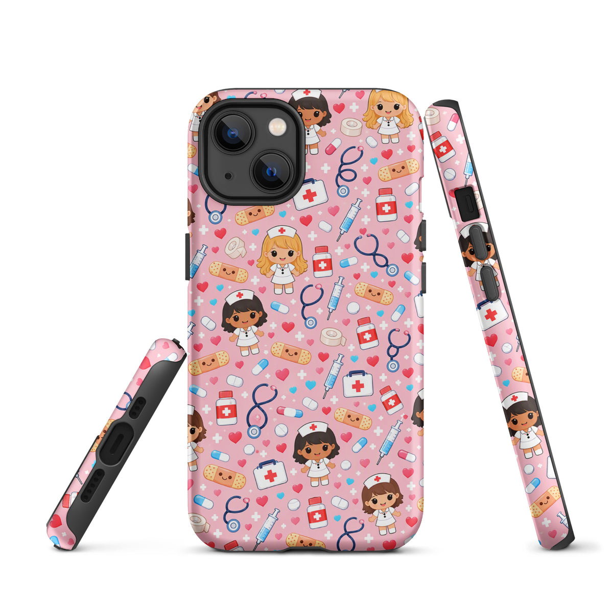 Phone Case for iPhone with cute kawaii nurse and medical pattern on pink background featuring fun healthcare designs.