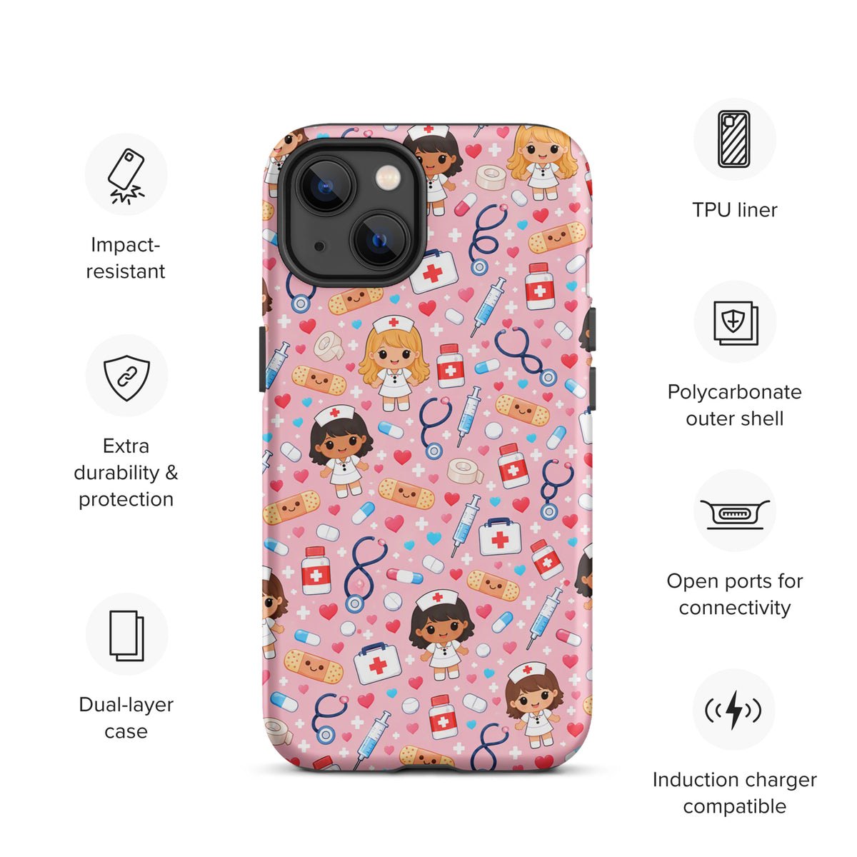 Phone Case for iPhone with kawaii nurse medical pattern on pink background featuring adorable nurse characters and medical items.