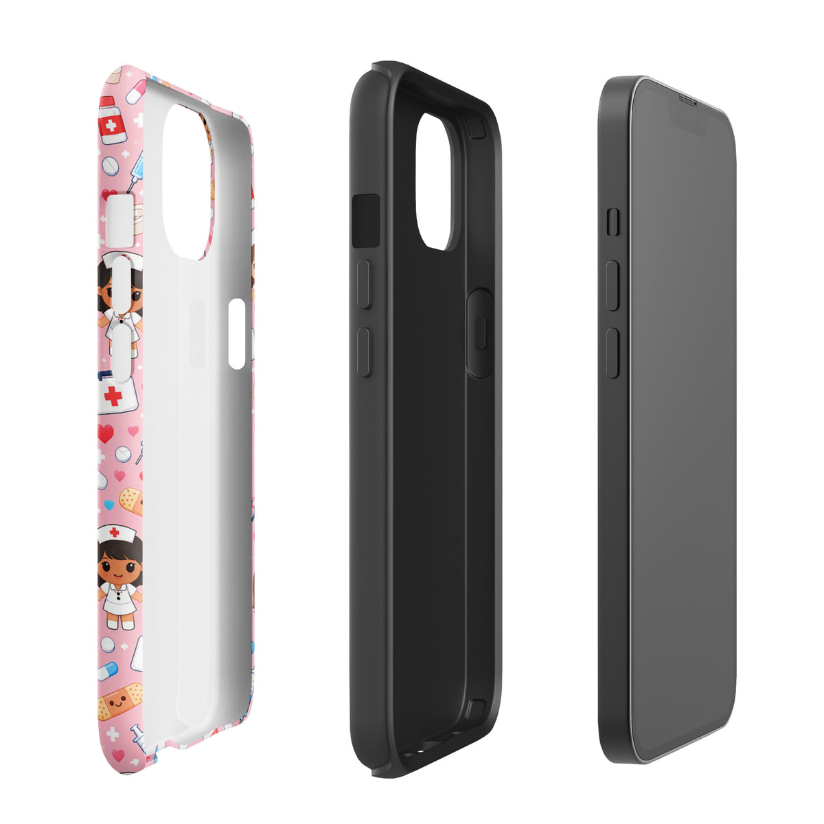 Phone Case for iPhone with cute kawaii nurse medical pattern on light pink background, featuring nurse characters and medical icons.