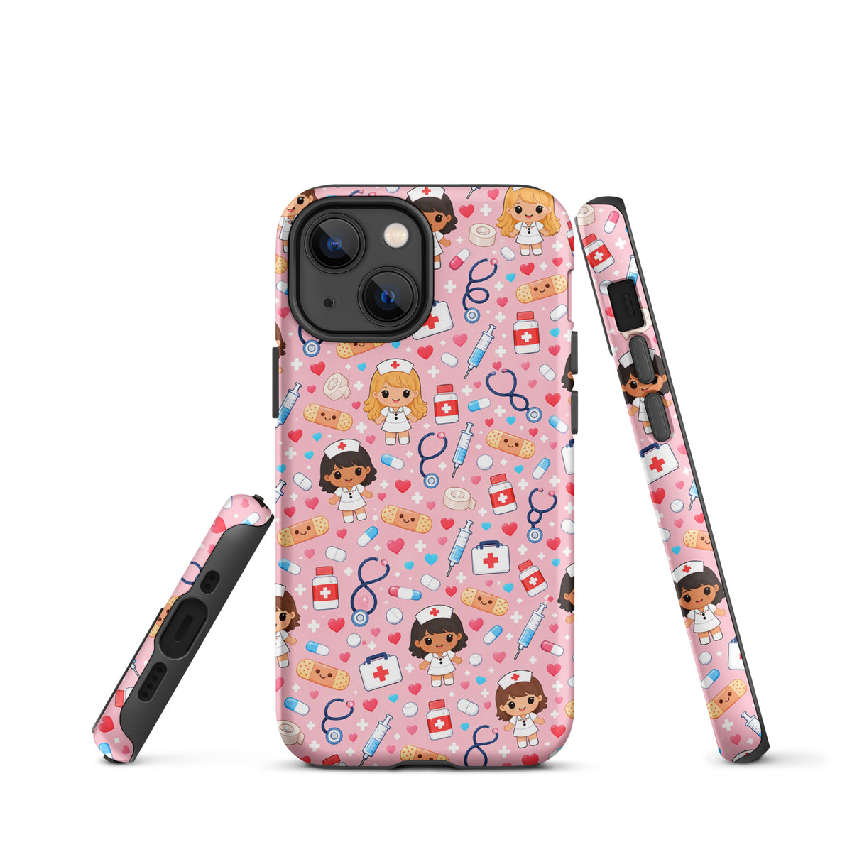 Phone Case for iPhone with Kawaii Nurse Medical Pattern featuring cute nurse characters and medical icons on pink background.