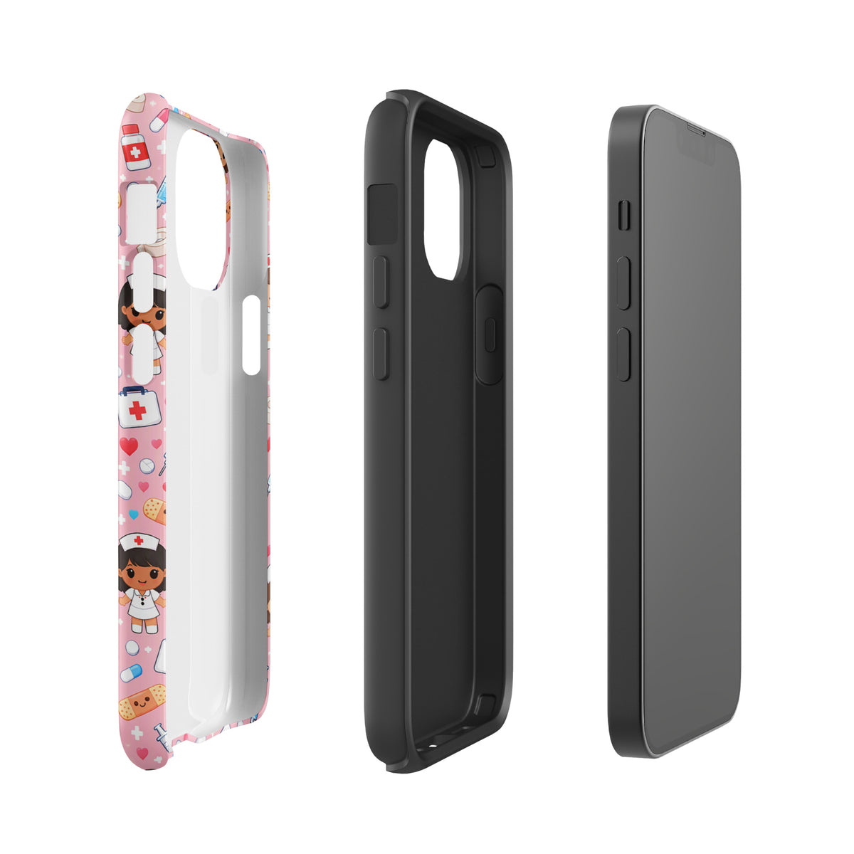Phone Case for iPhone with cute kawaii nurse medical pattern on pink background featuring healthcare icons.