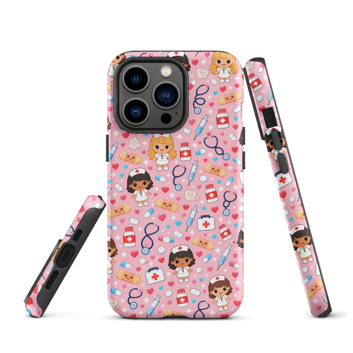 Phone Case for iPhone with kawaii nurse pattern, featuring stethoscopes, medicine bottles, and medical icons on a pink background.
