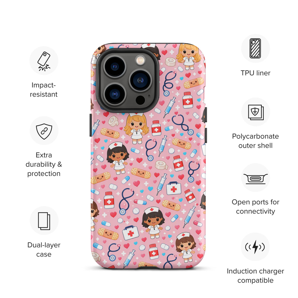 Phone Case featuring kawaii nurse medical pattern with stethoscopes, syringes, and bandages on a light pink background for iPhone.