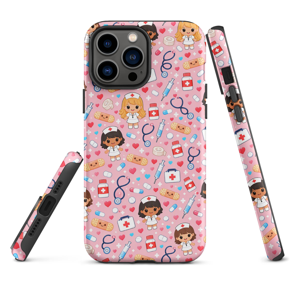 Phone Case for iPhone with kawaii nurse medical pattern, pink background with nurse characters, stethoscopes, and first aid items.