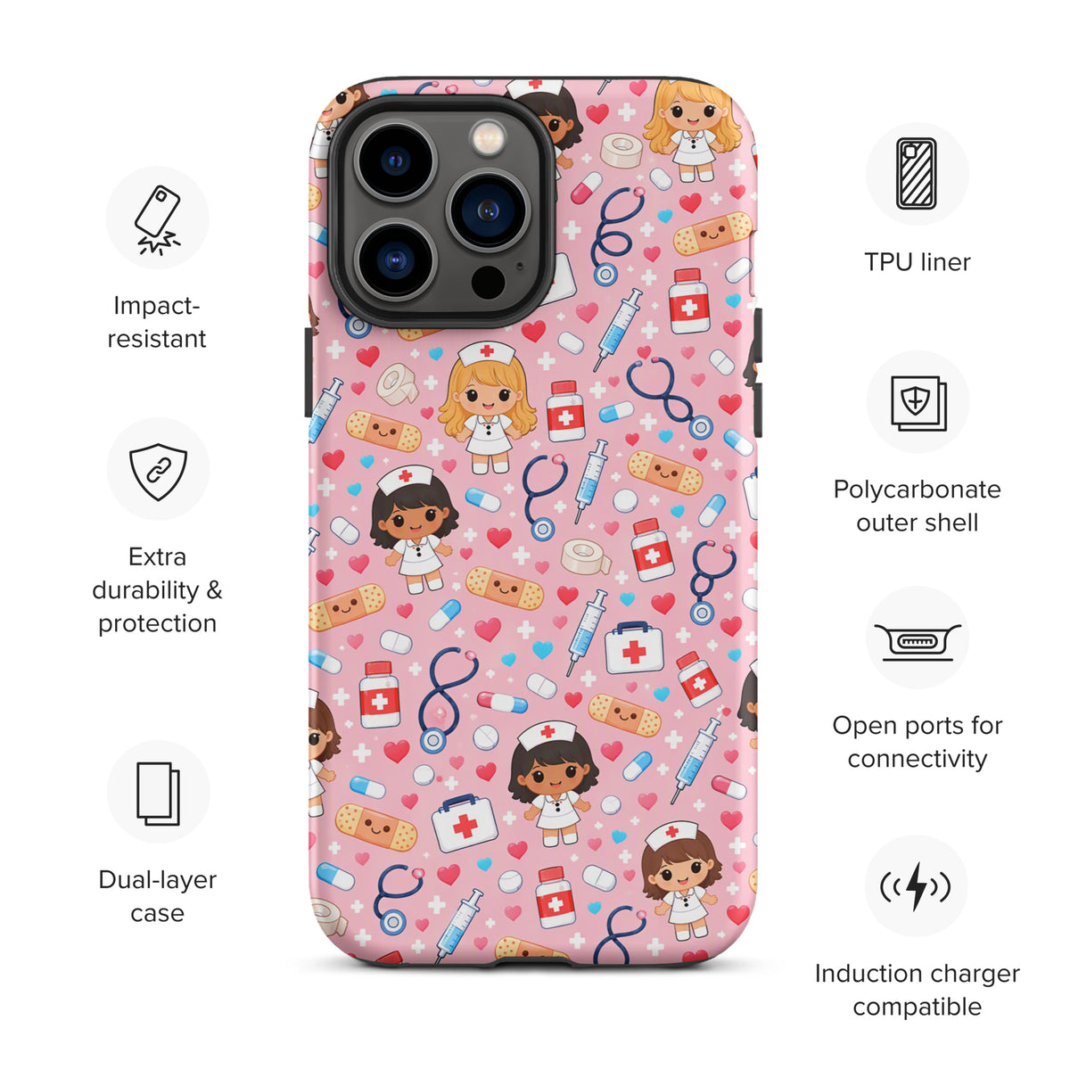Phone Case for iPhone with Kawaii Nurse Medical Pattern on pink background featuring adorable nurse characters and medical tools.