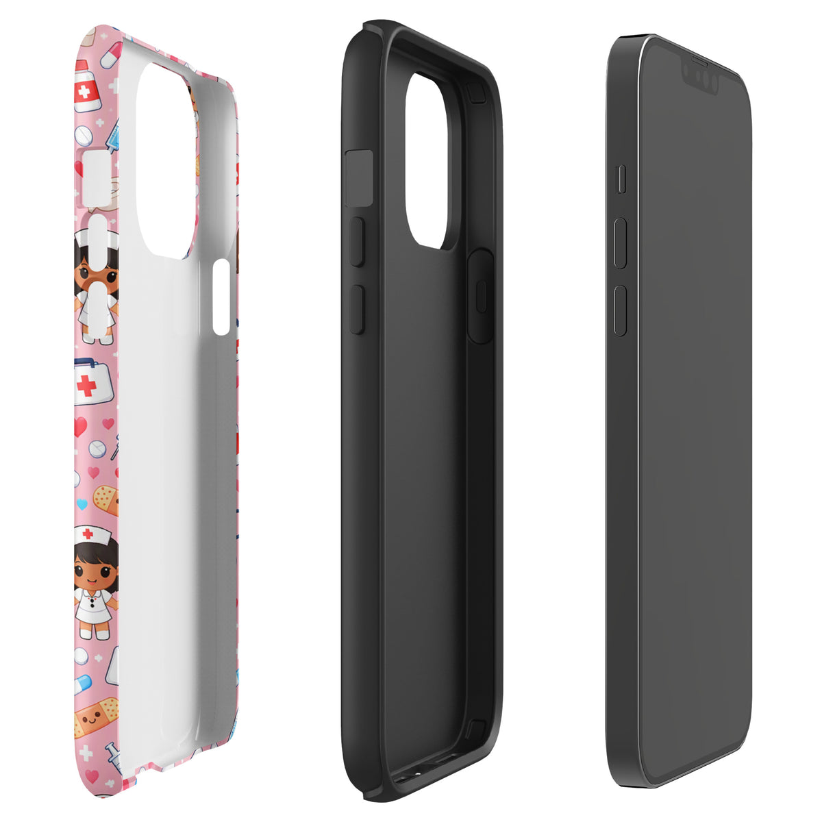 Phone Case for iPhone with kawaii nurse medical pattern in pink, featuring healthcare symbols like stethoscopes, syringes, and pills.