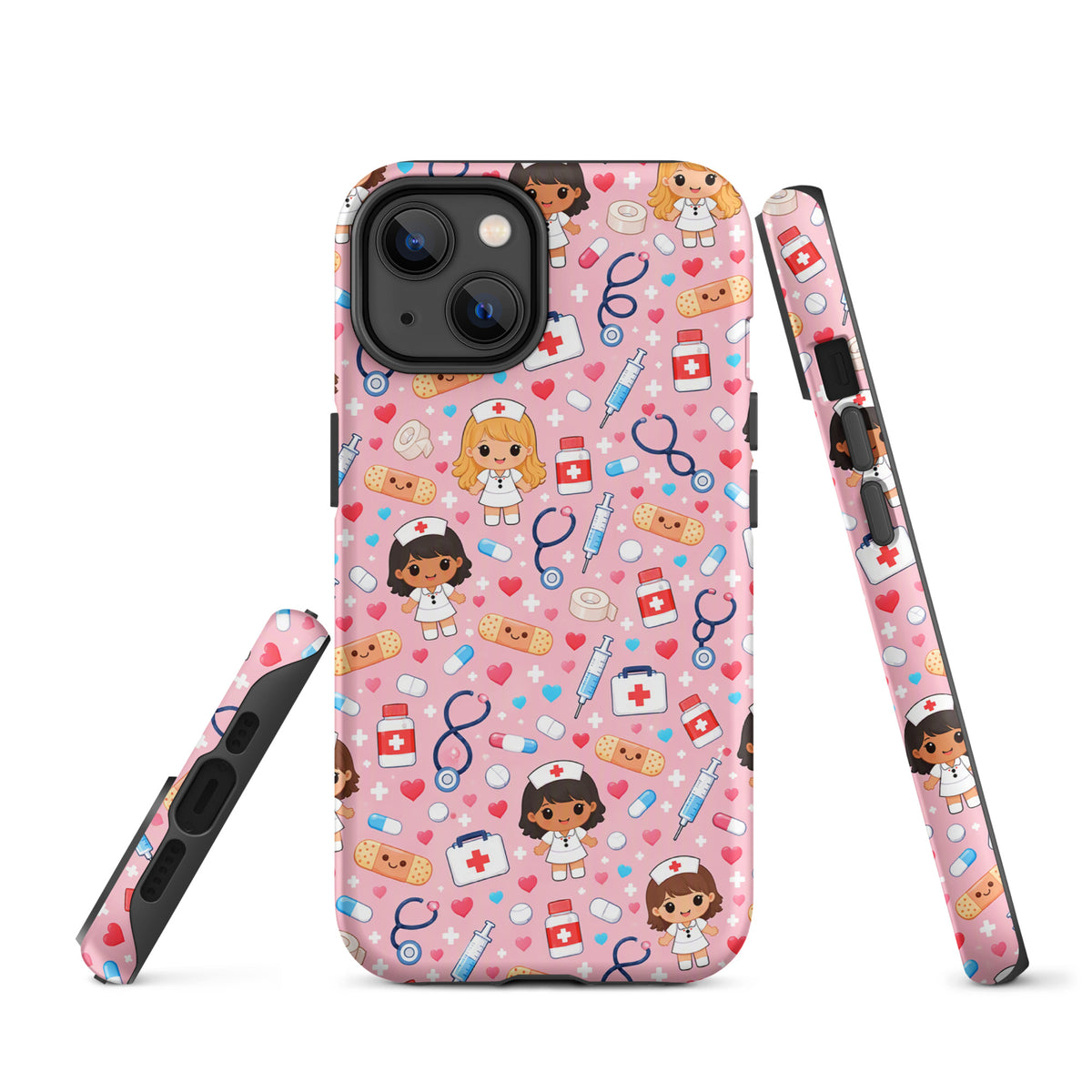Phone Case for iPhone with kawaii nurse medical pattern and pink background featuring syringes, stethoscopes, and more.