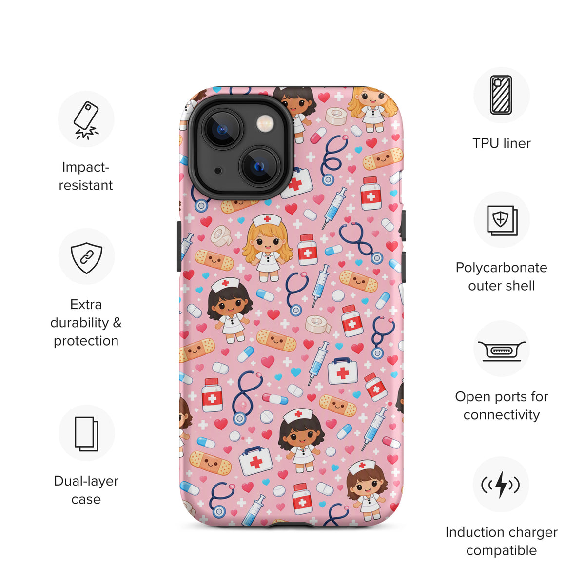 Phone Case for iPhone featuring kawaii nurse pattern with stethoscopes, syringes, bandages on light pink background, ideal for healthcare lovers.
