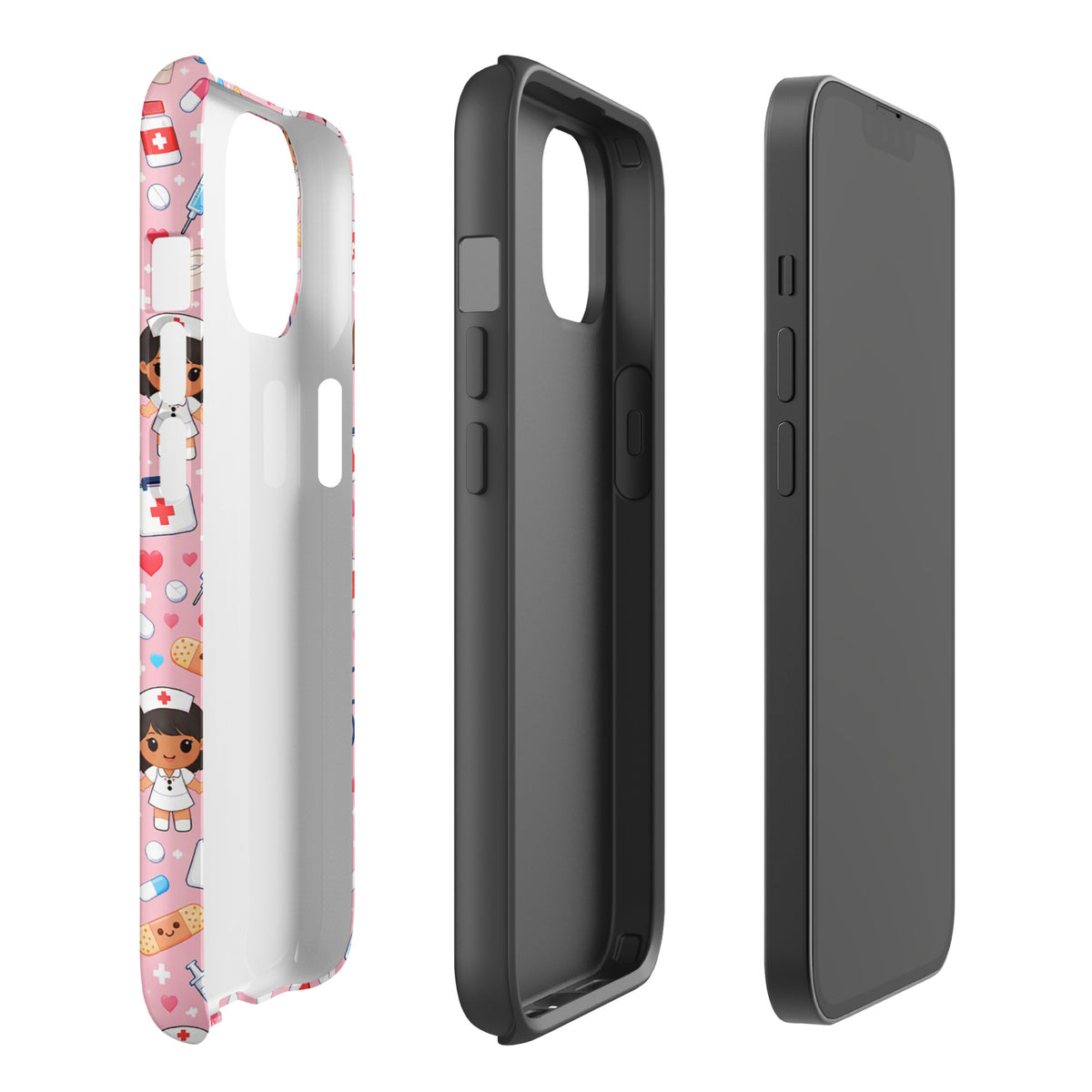 Phone Case for iPhone featuring kawaii nurse medical pattern on soft pink background with adorable characters and medical icons.