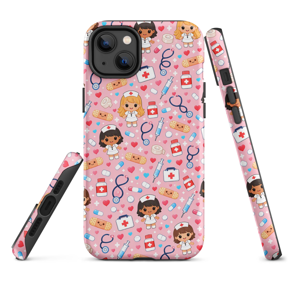 Phone Case for iPhone with kawaii nurse medical pattern in pink, featuring stethoscopes, syringes, and playful healthcare icons.