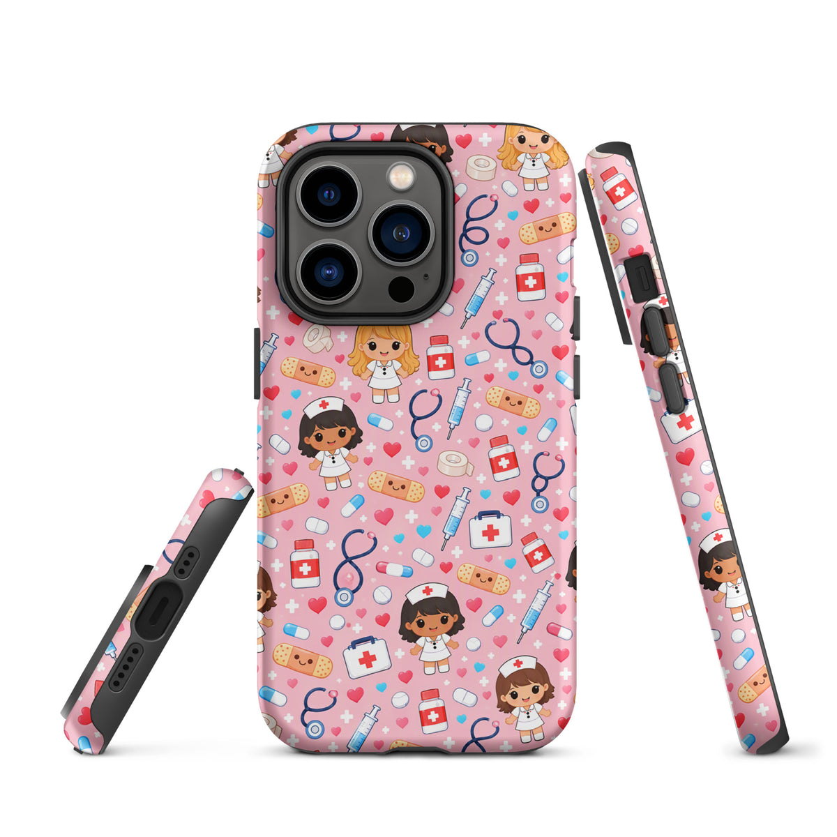 Phone Case for iPhone with kawaii nurse medical pattern on pink background, featuring cute nurses, stethoscopes, and medical supplies.