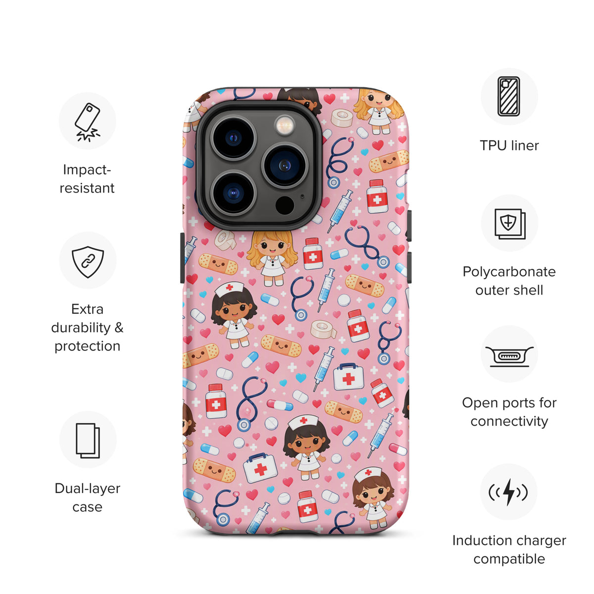 Phone Case for iPhone with cute kawaii nurse medical pattern on pink background, featuring stethoscope, bandages, and pills.
