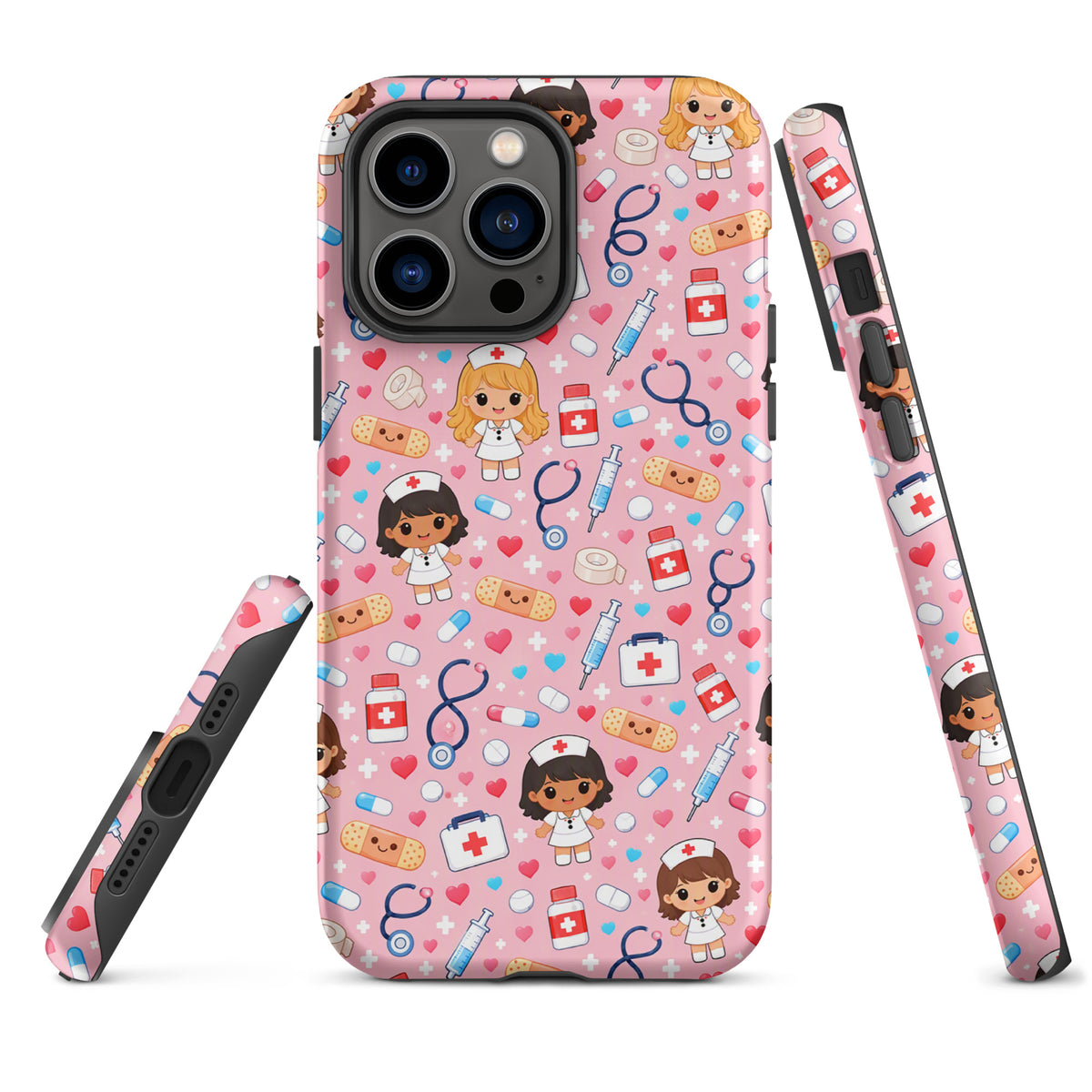 Phone Case for iPhone with Cute Kawaii Nurse Medical Pattern on pink background featuring nurse characters, stethoscopes, and medical tools.