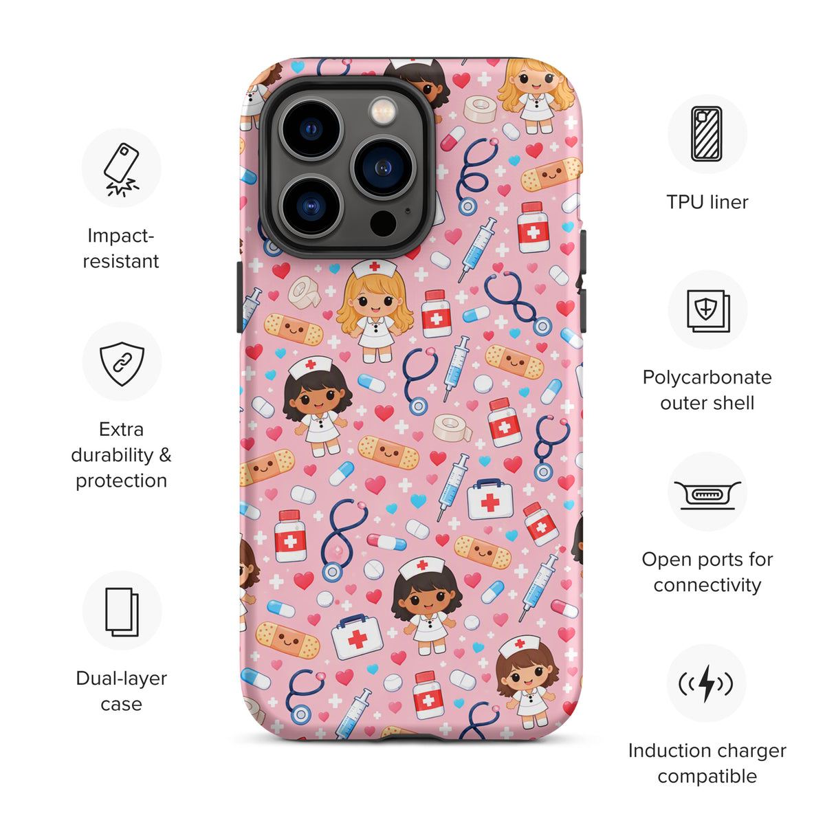 Phone Case for iPhone with kawaii nurse medical pattern, featuring stethoscopes, syringes, and more on a pink background.