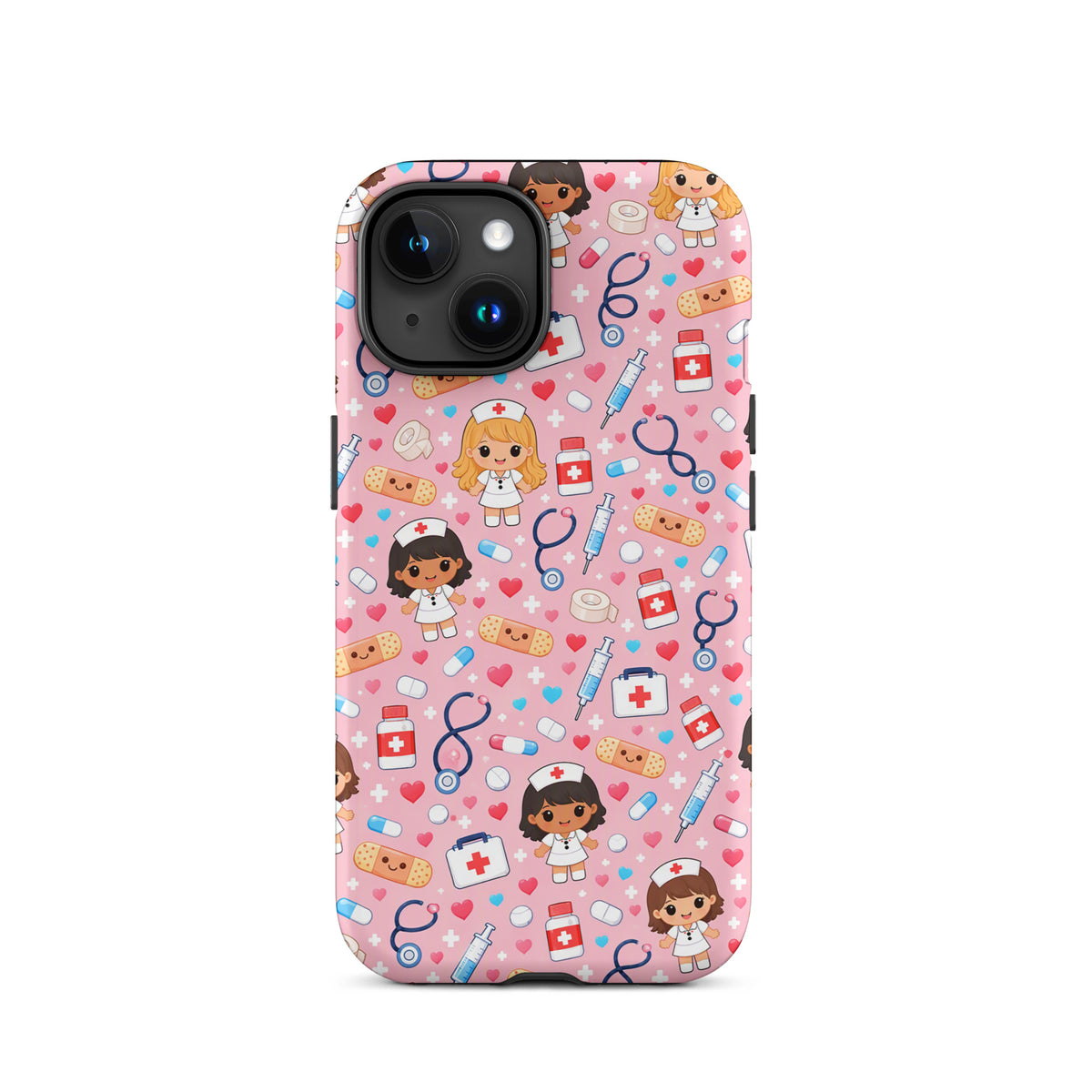 Phone Case for iPhone featuring cute kawaii nurse medical pattern with stethoscopes, bandages, pills, and syringes on pink background.