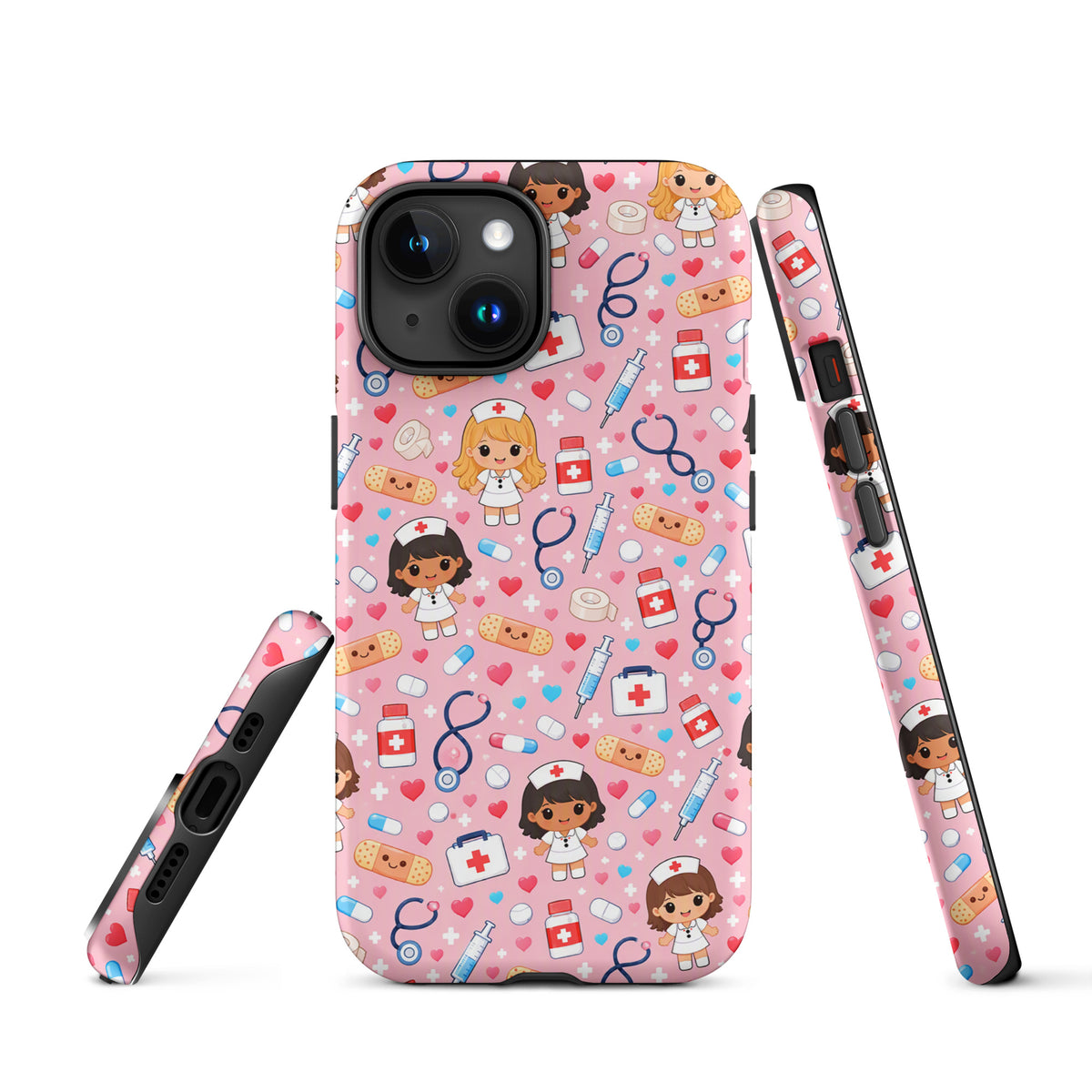 Phone Case with kawaii nurse pattern featuring medical items on pink background for iPhone.