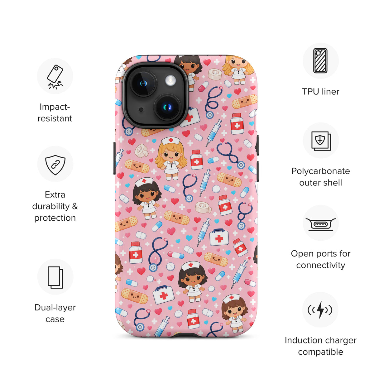 Phone Case for iPhone with kawaii nurse medical pattern on pink background, featuring nurse characters, stethoscopes, and medical icons.