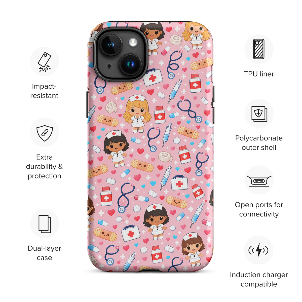 Phone Case for iPhone with cute kawaii nurse medical pattern, featuring nurse characters, stethoscopes, bandages, and first aid kits.