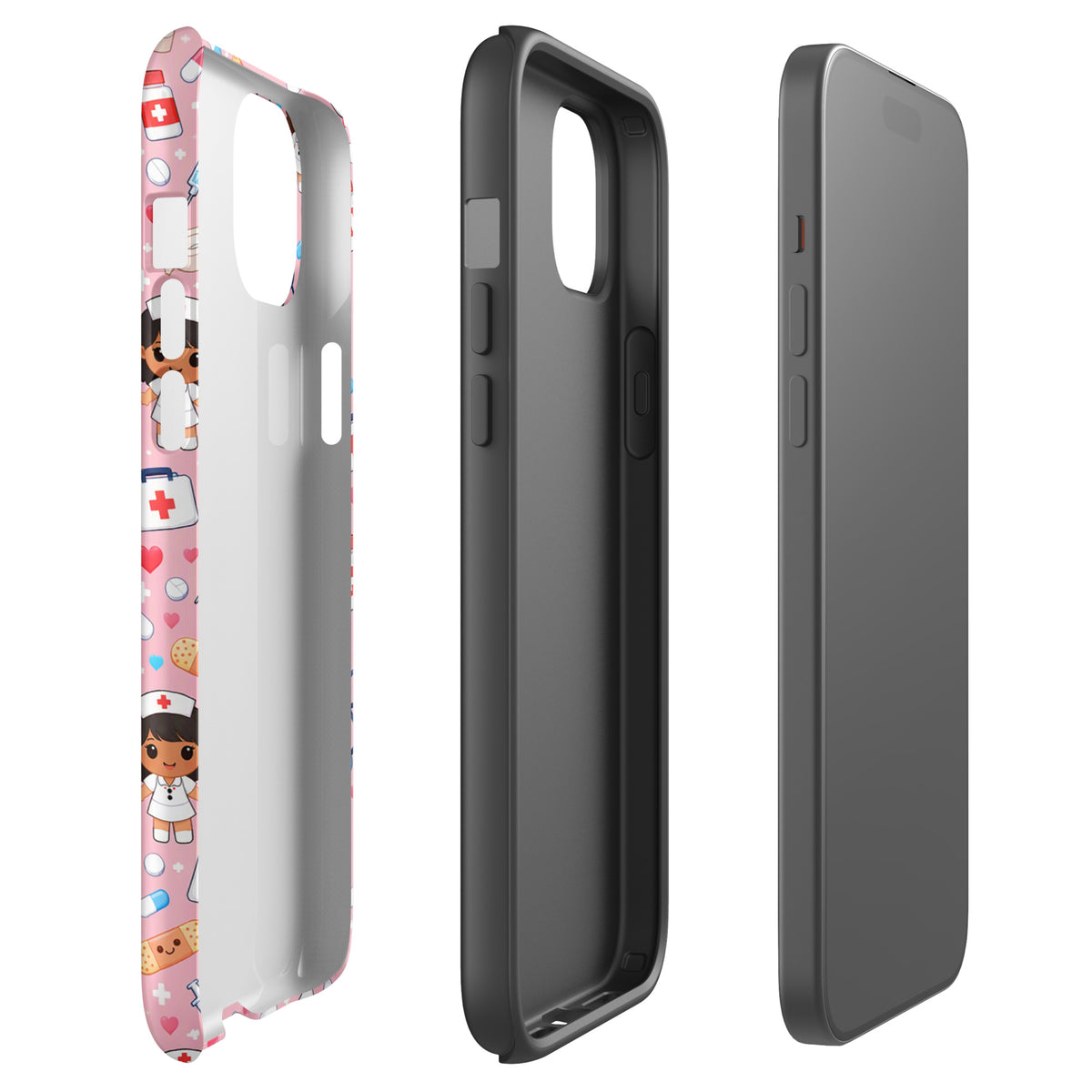 Phone Case for iPhone with kawaii nurse medical pattern on pink background, featuring nurse characters and healthcare icons.