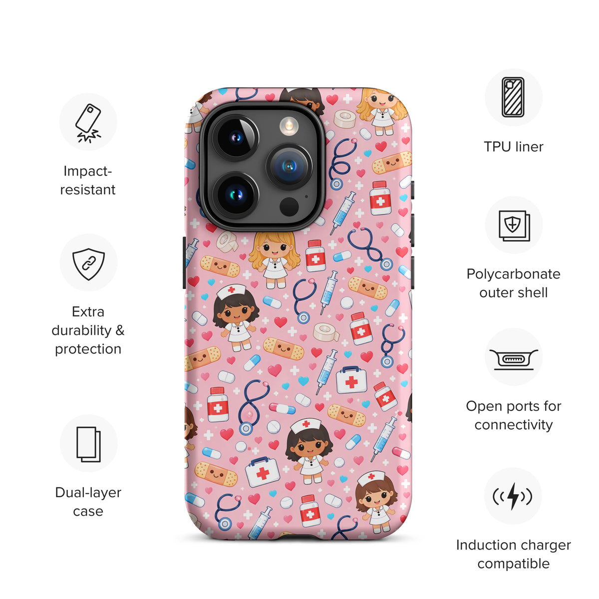 Phone Case for iPhone with kawaii nurse pattern, featuring cute medical icons like stethoscopes, syringes, and pills on a pink background.