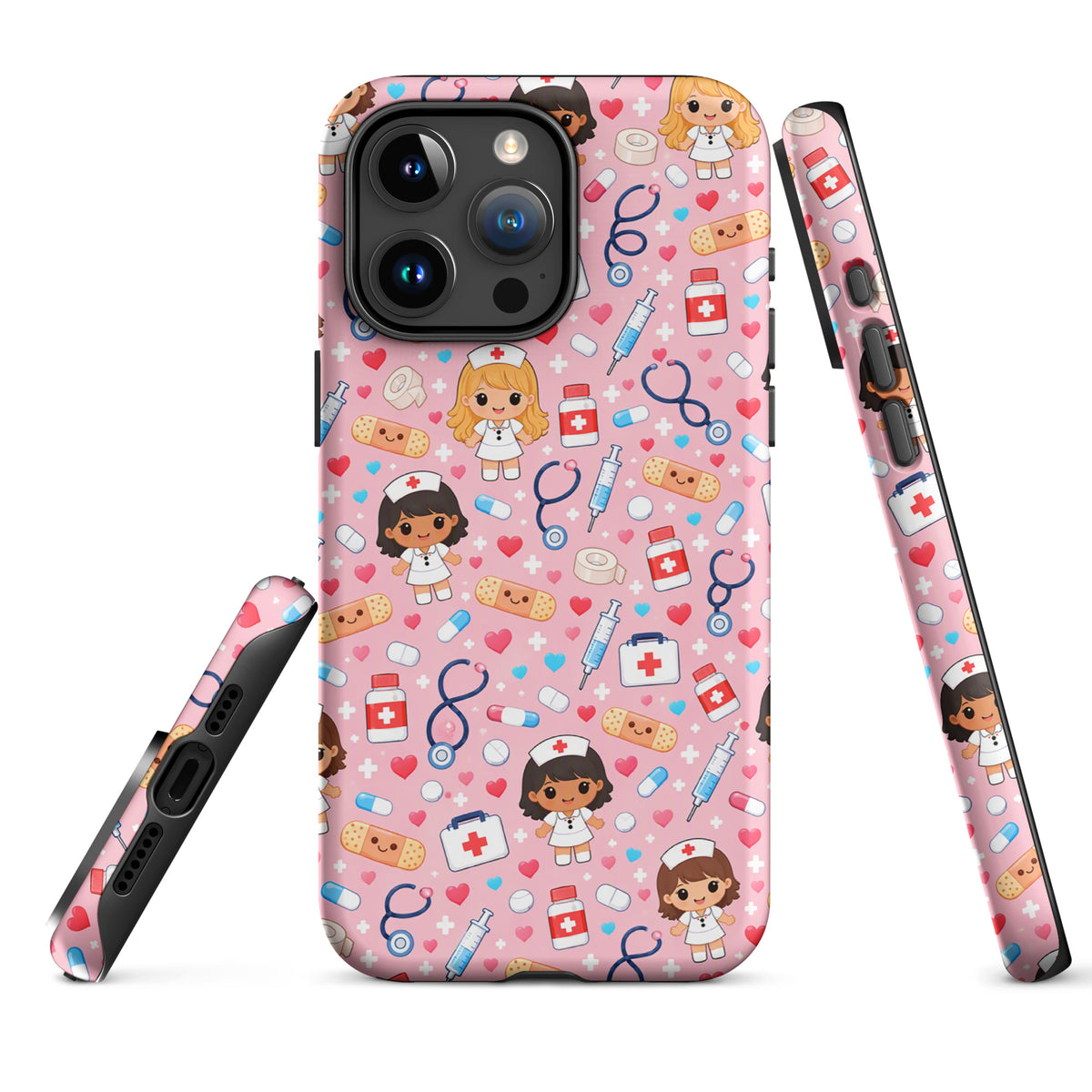 Phone Case for iPhone featuring kawaii nurse medical pattern on light pink background with cute medical icons.