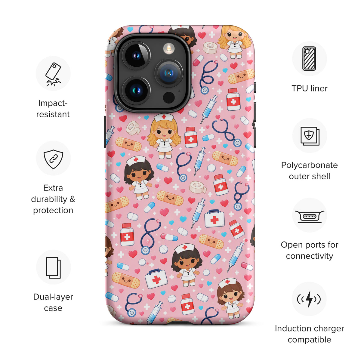 Phone Case for iPhone with kawaii nurse and medical patterns on pink background, featuring stethoscopes, syringes, and first aid kits.