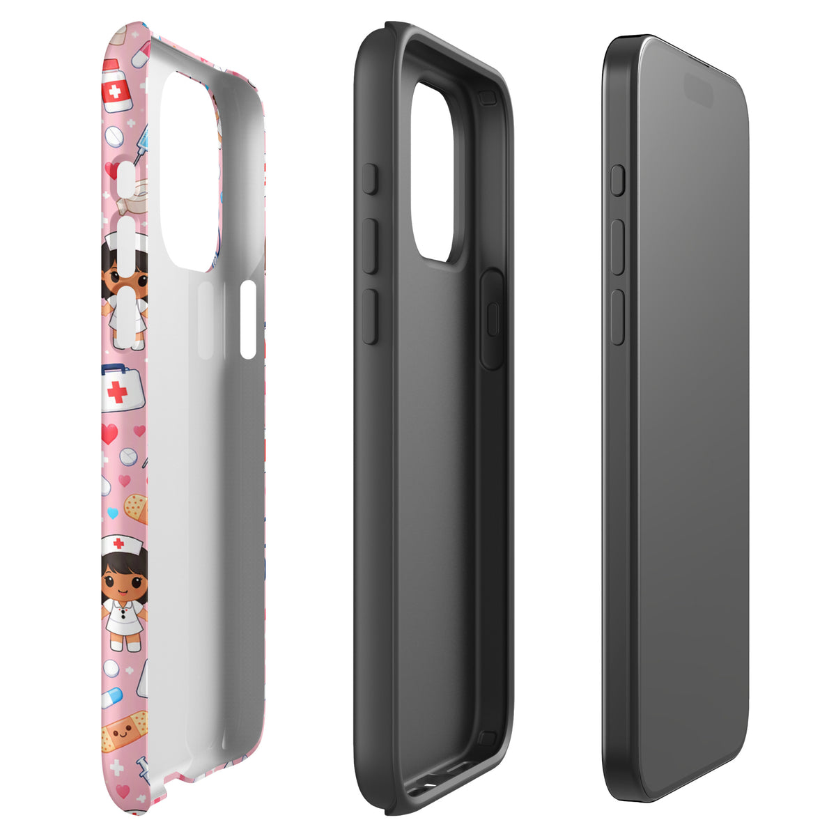 Phone Case for iPhone with Kawaii Nurse Medical Pattern in pink with nurse characters and medical symbols.