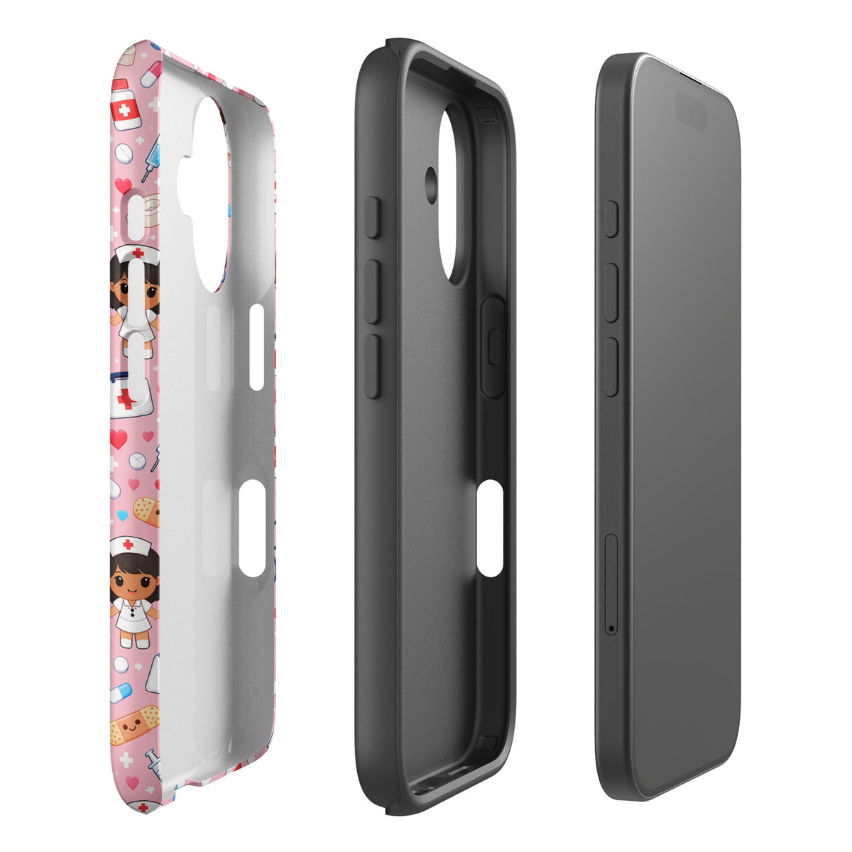 Phone Case for iPhone with cute kawaii nurse medical pattern in pink, featuring stethoscopes, syringes, and medicine bottles.