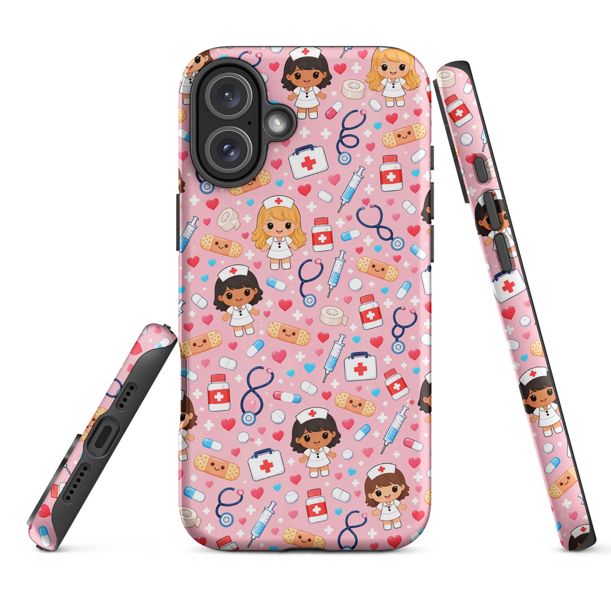 Phone Case for iPhone with kawaii nurse medical pattern, pink background, featuring cute healthcare-themed illustrations.