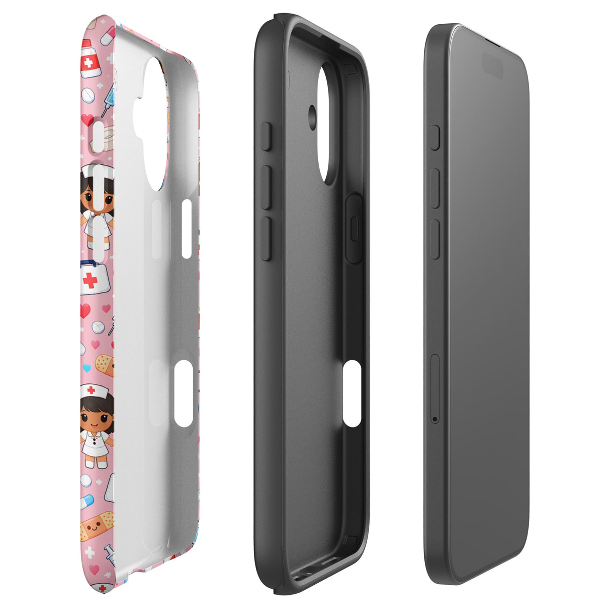 Phone Case for iPhone with cute kawaii nurse medical pattern, pink background, featuring nurse characters, stethoscopes, and medicine symbols.