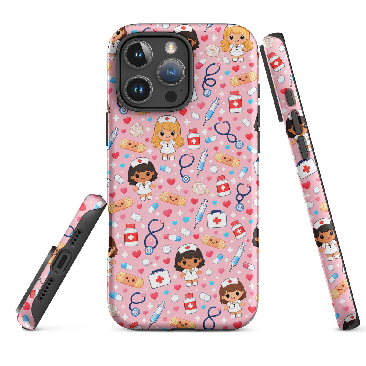 Phone Case for iPhone featuring kawaii nurse medical pattern with pink background, nurse characters, syringes, and hearts.