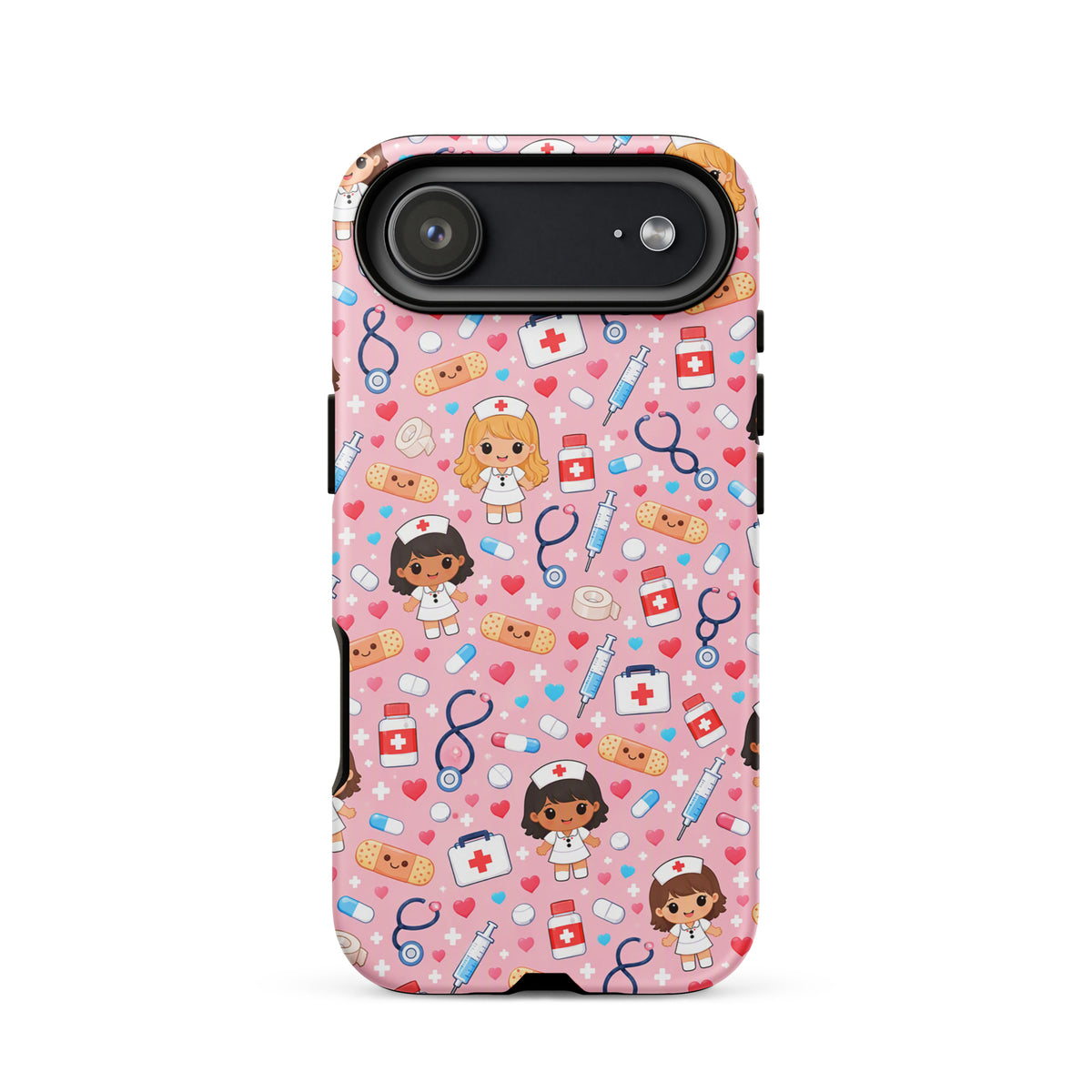 Phone Case for iPhone with kawaii nurse medical pattern on pink background featuring nurse characters, medical items, and hearts.