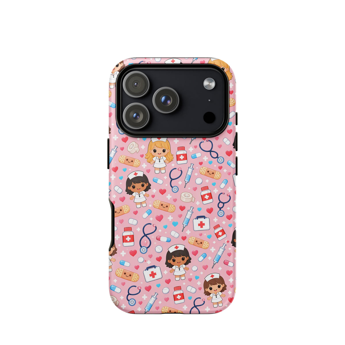Phone Case for iPhone with cute kawaii nurse medical pattern on pink background, featuring nurses and medical items like stethoscopes.