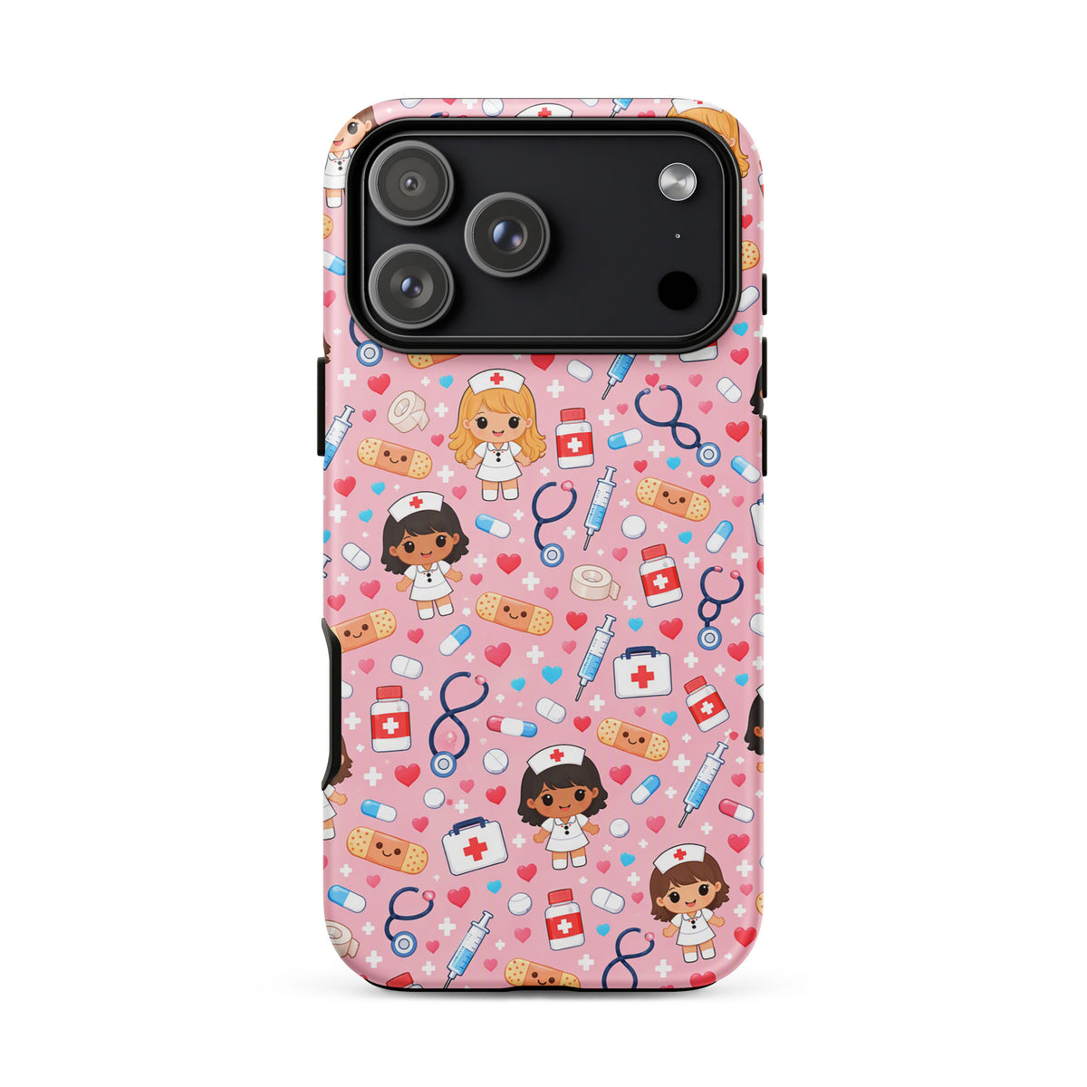 Phone Case for iPhone with kawaii nurse medical pattern on pink background featuring cute healthcare-themed illustrations.