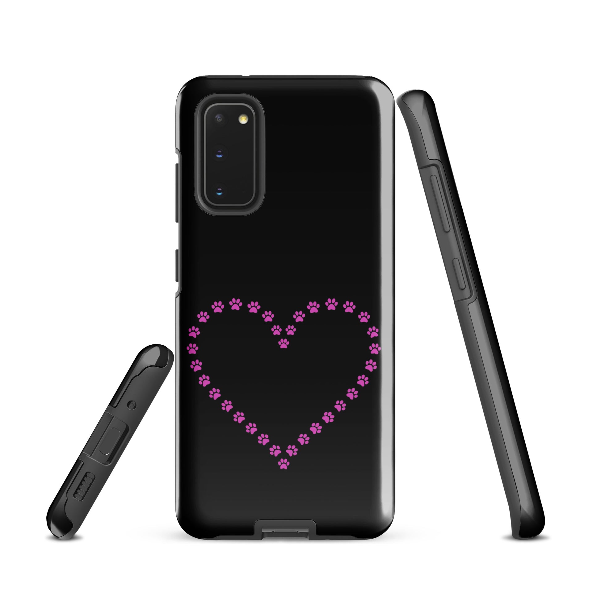 Phone Case for Samsung Galaxy with black and pink paw print heart design for pet lovers, showing different angles and details.