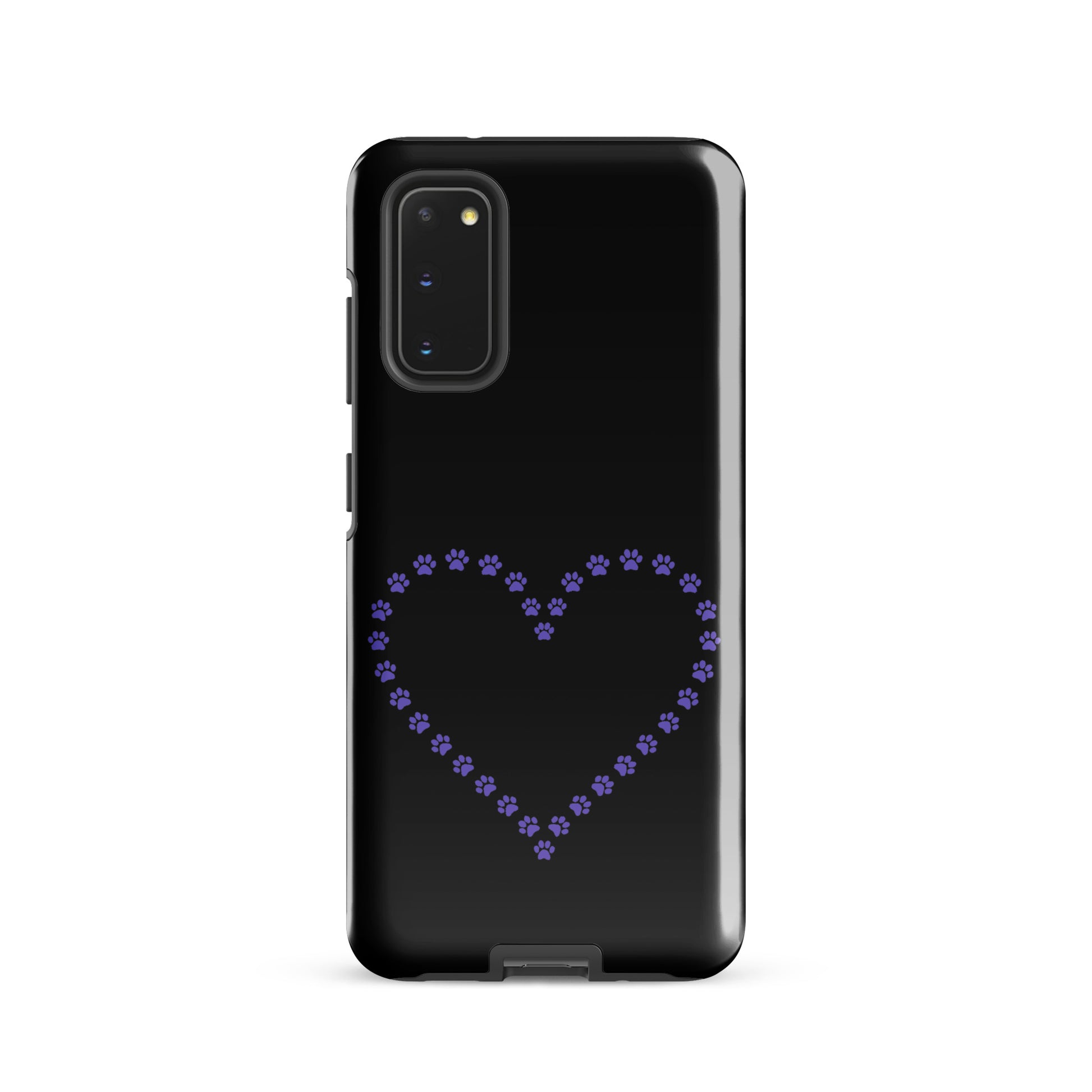 Phone Case for Samsung Galaxy with paw print heart design in black and purple for pet lovers.