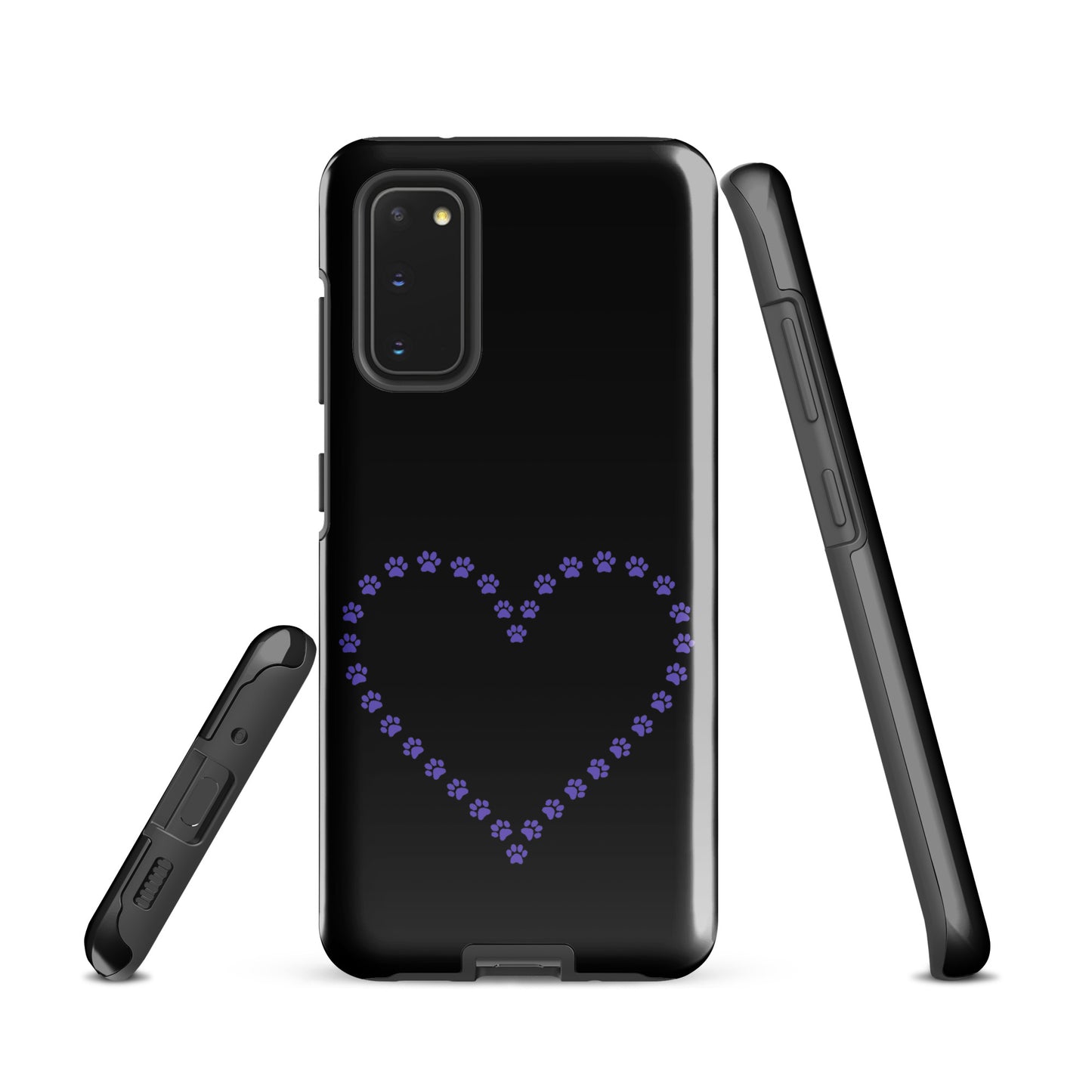 Phone Case for Samsung Galaxy with purple paw print heart design, perfect for pet lovers, available in black and purple.