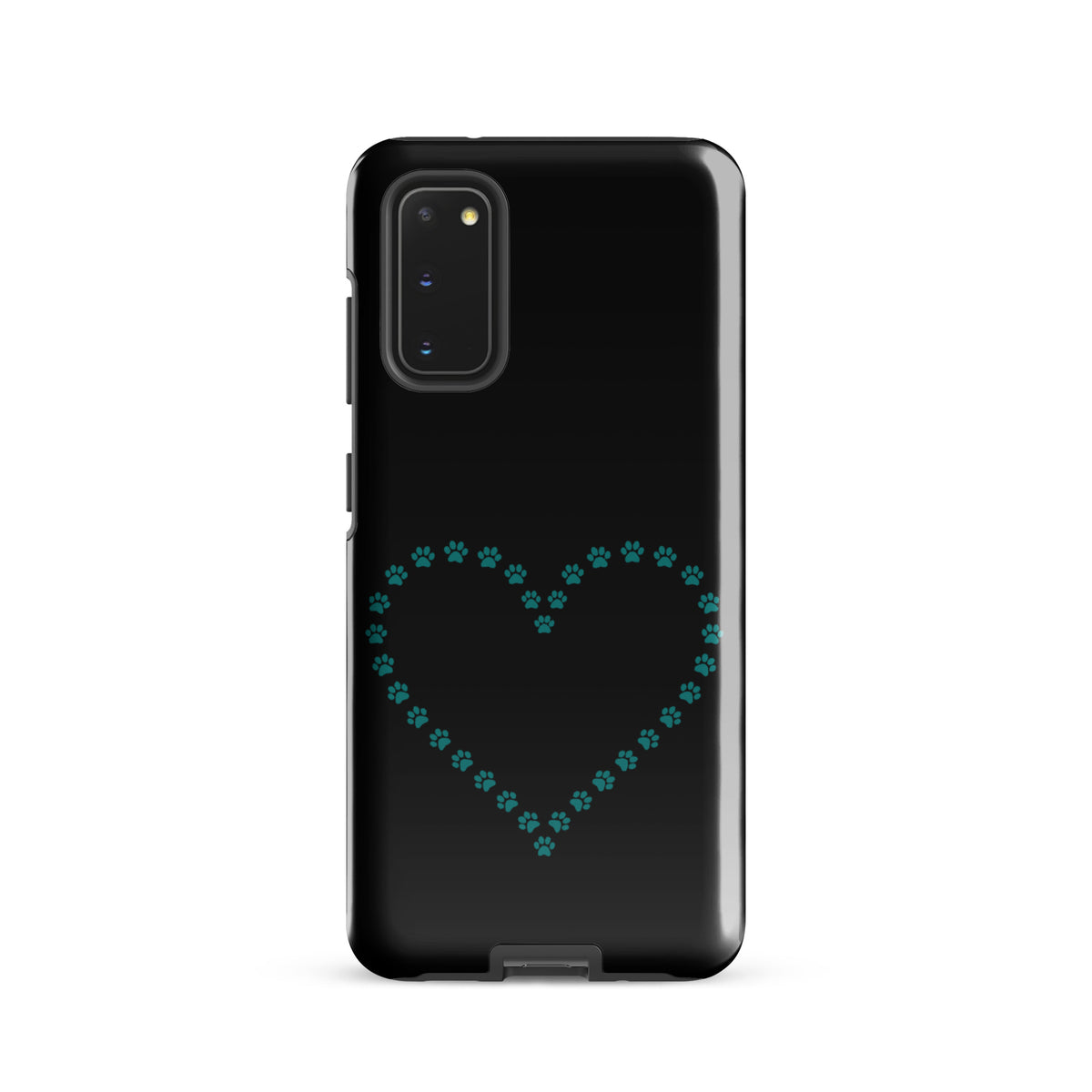 Phone Case for Samsung Galaxy with black and teal paw print heart design, perfect for pet lovers who adore cats and dogs.