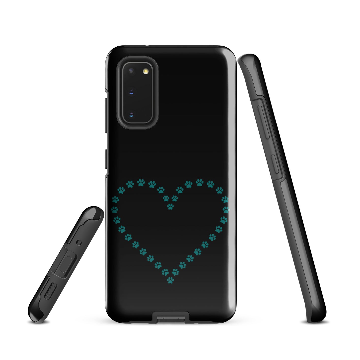 Phone Case for Samsung Galaxy with teal paw print heart design, perfect for pet lovers who adore dogs and cats. Durable black/teal cover.