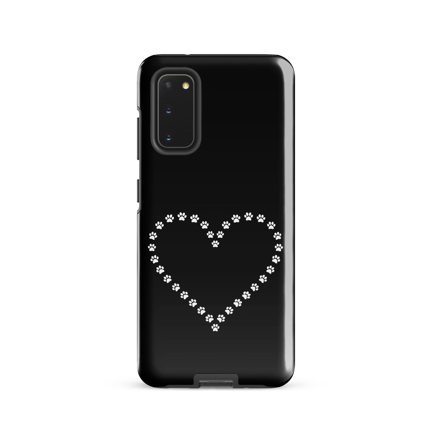 Phone Case for Samsung Galaxy with black and white paw print heart design for pet lovers.