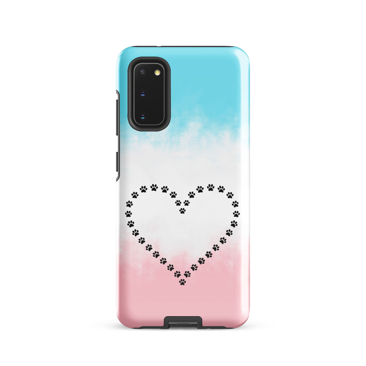 Phone Case for Samsung Galaxy with heart paw print design, blue white pink gradient, ideal for cat or dog lovers.