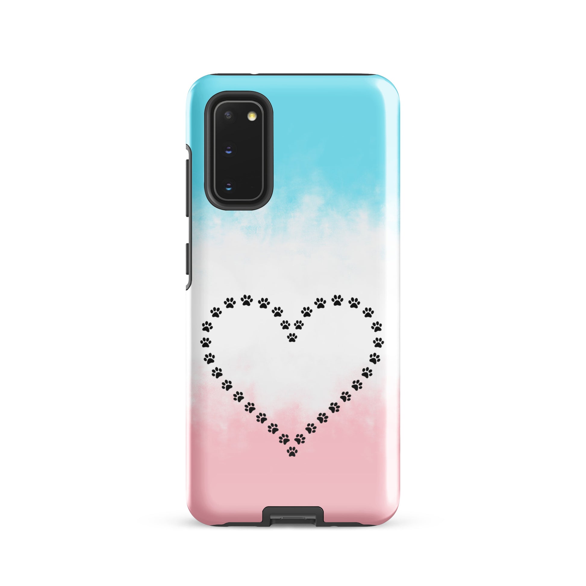 Phone Case for Samsung Galaxy with heart paw print design, blue white pink gradient, ideal for cat or dog lovers.