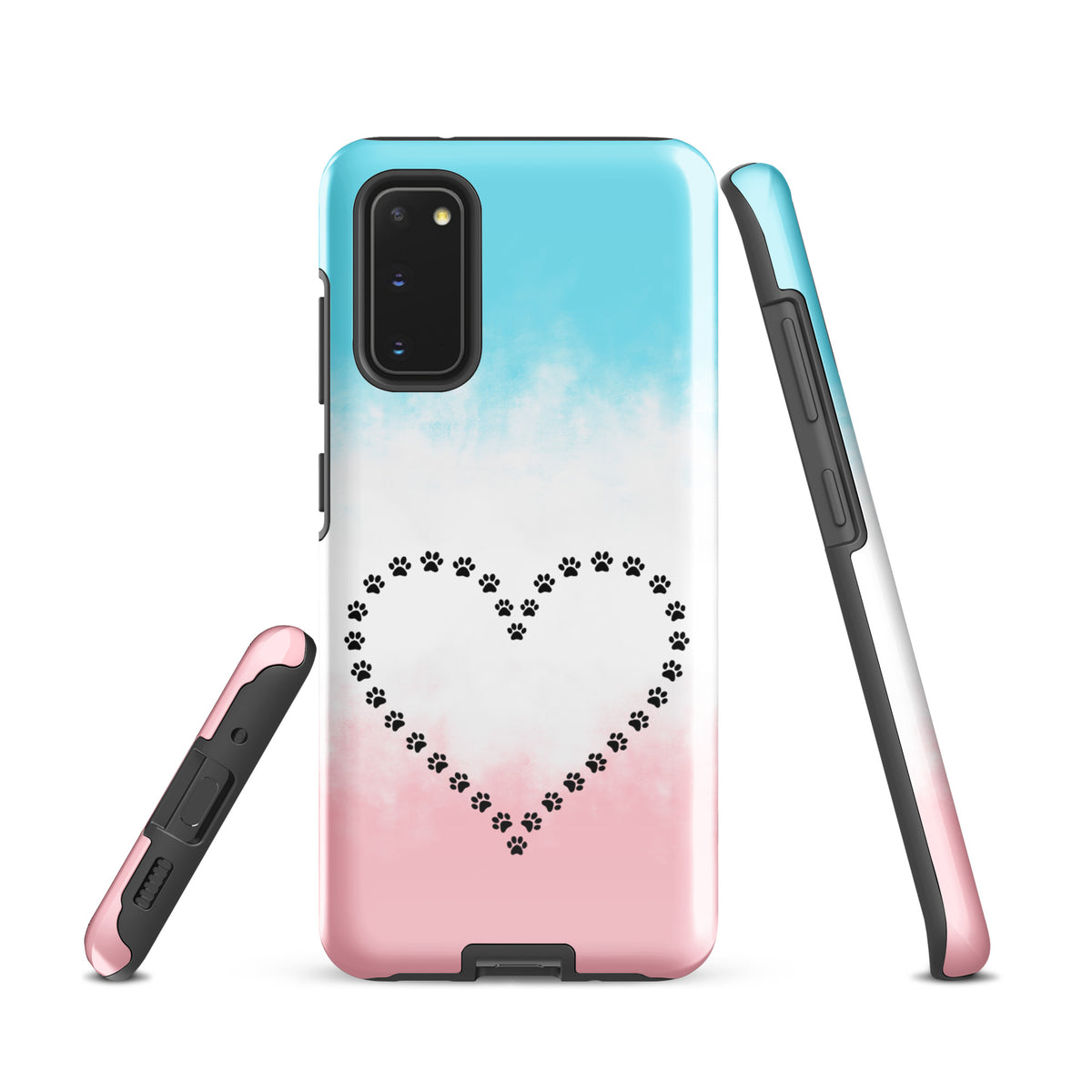 Phone Case for Samsung Galaxy with paw print heart design in blue, white, and pink for pet lovers, showcasing durability and charm.