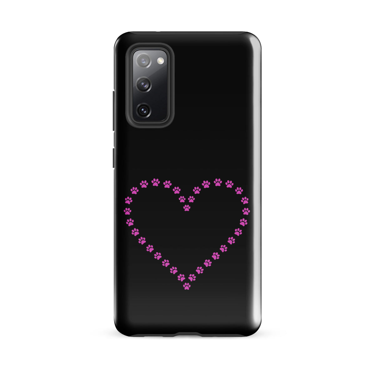 Phone Case for Samsung Galaxy with pink paw print heart design on black background for pet lovers