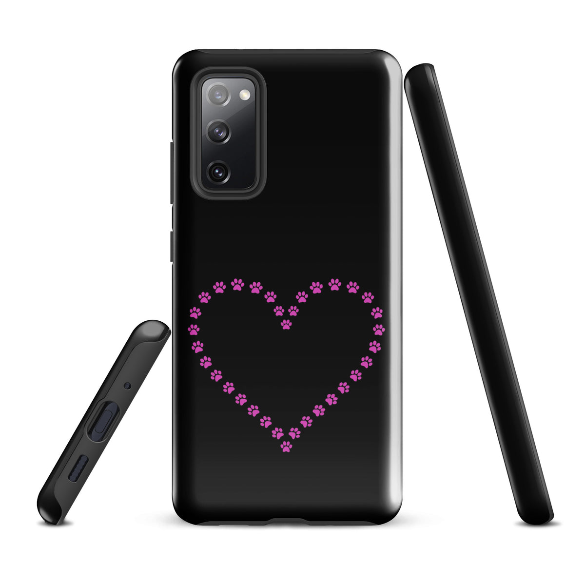 Phone Case for Samsung Galaxy with black background and pink paw print heart design, ideal for pet lovers seeking playful charm and protection.