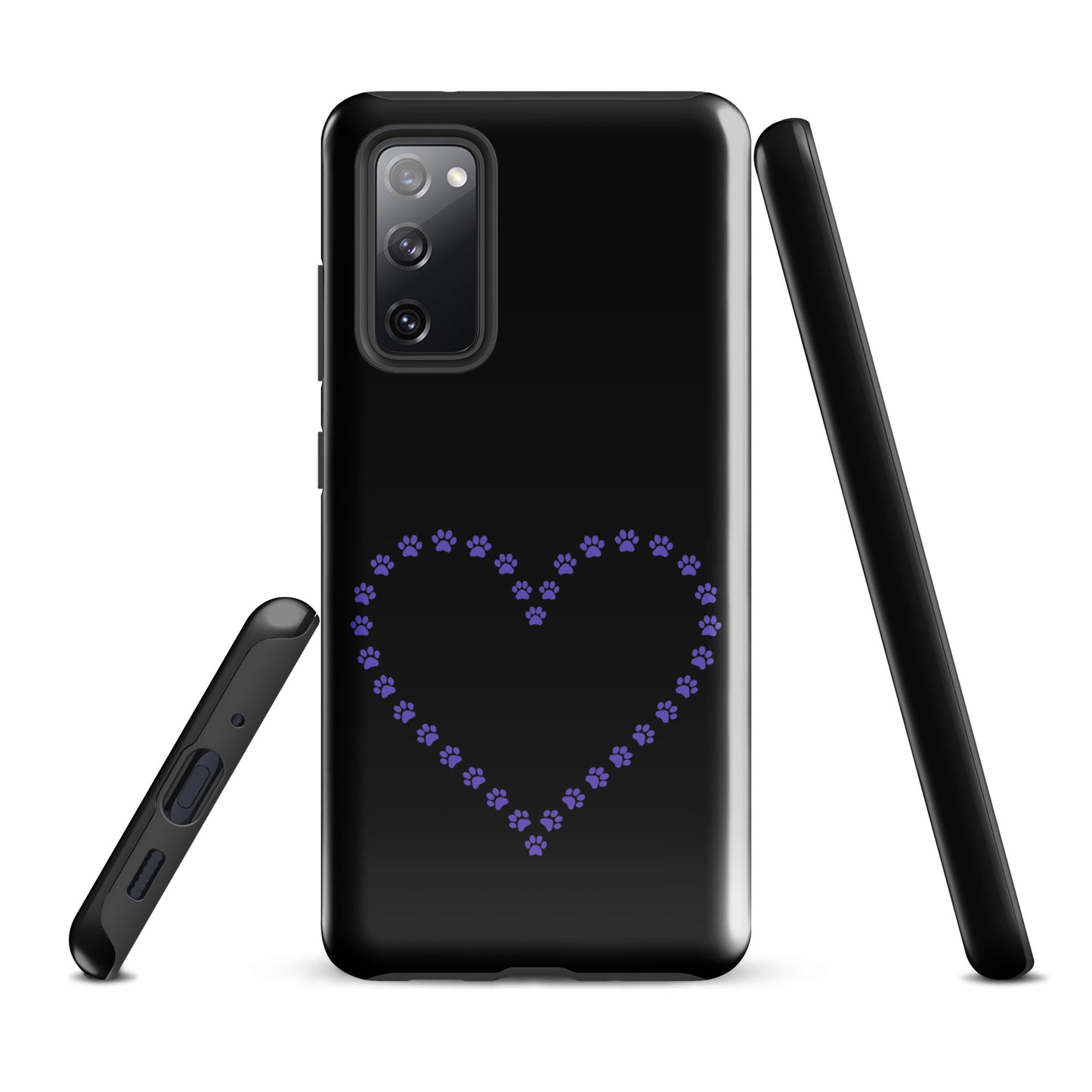 Phone Case for Samsung Galaxy with purple paw print heart design, perfect for pet lovers, shown in black. Durable and stylish case protection.
