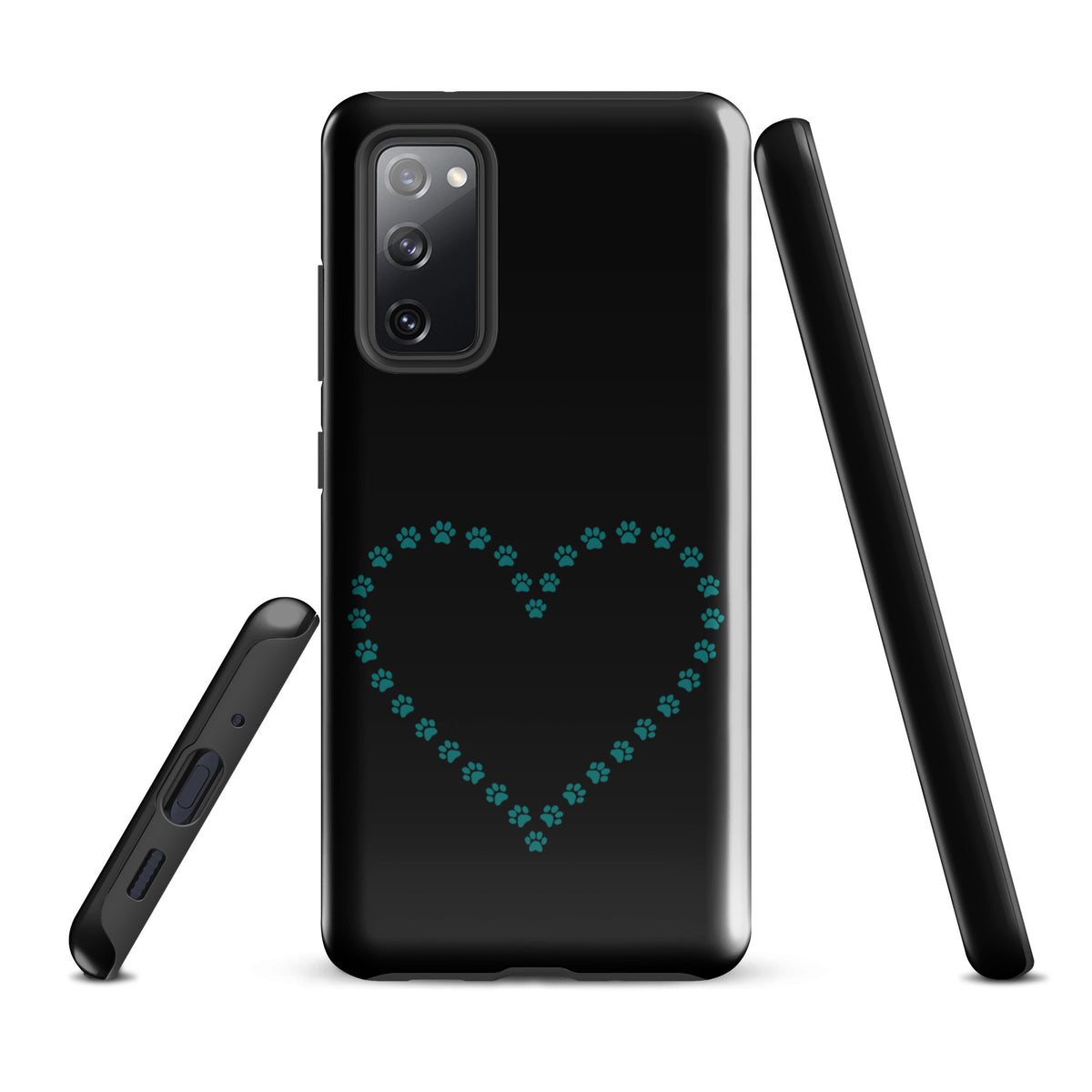Phone Case for Samsung Galaxy with teal paw print heart design on black, ideal for pet lovers seeking style and protection.