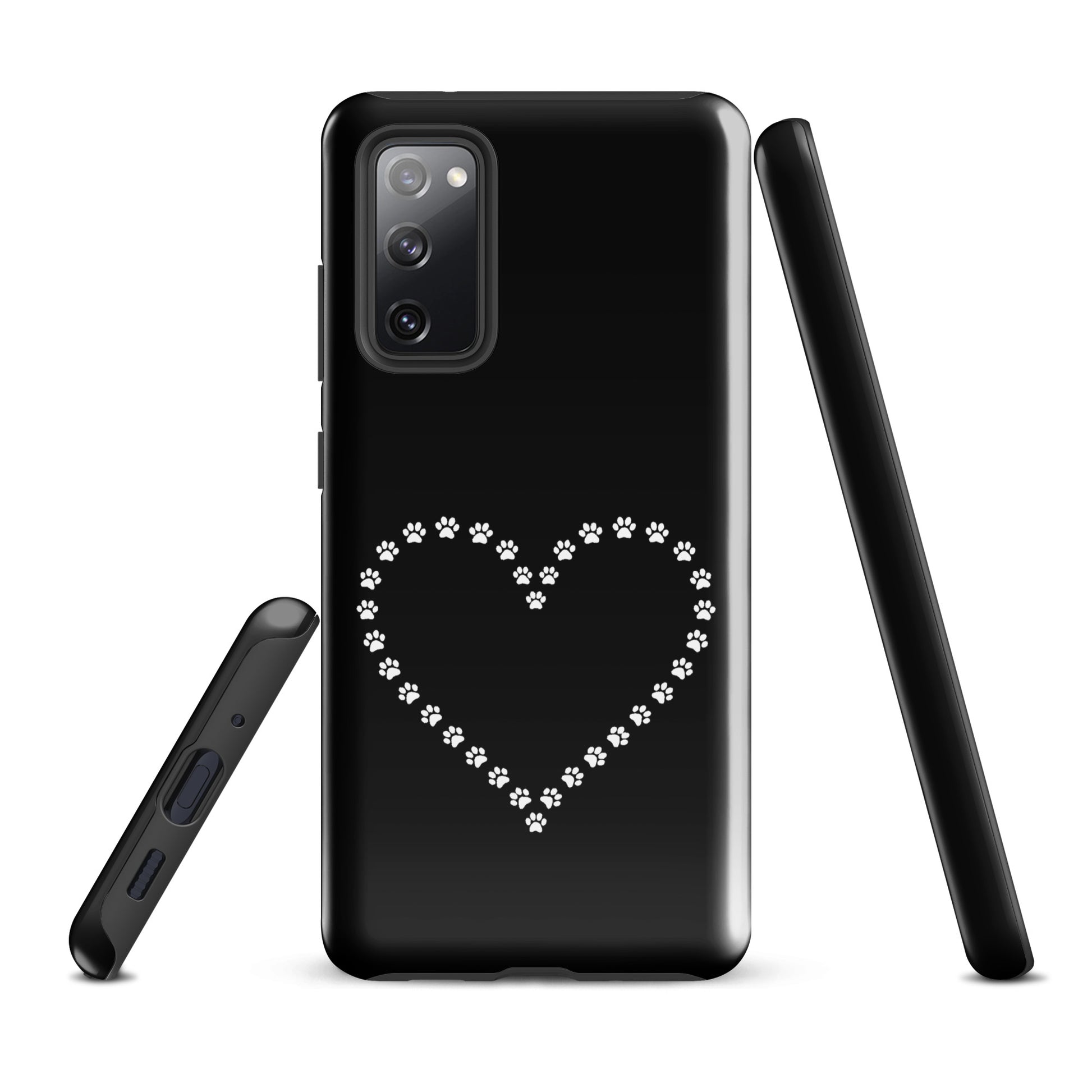 Phone Case for Samsung Galaxy with paw print heart design in black and white, perfect for pet lovers. Durable and playful protection.