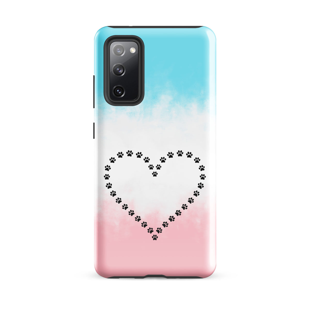 Phone Case for Samsung Galaxy with paw print heart design in blue, white, pink for pet lovers, featuring durable protection.